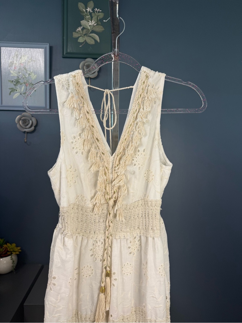 Women’s Cream Eyelet Bohemian Maxi Dress with Crochet  Size: Medium Preloved - Picture 3 of 13